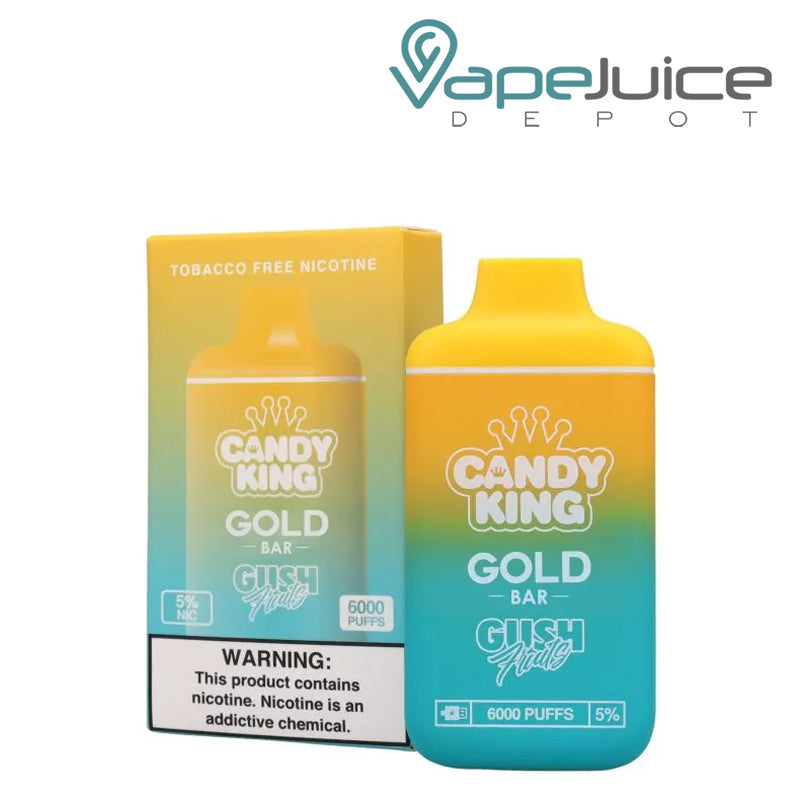 A box of Gush Fruits Candy King Gold Bar 6000 Disposable  with a warning sign and a disposable next to it - Vape Juice Depot