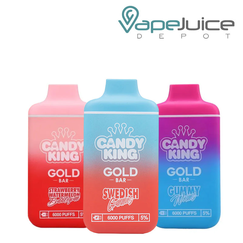 Three flavors of Candy King Gold Bar 6000 Disposable - Vape Juice Depot