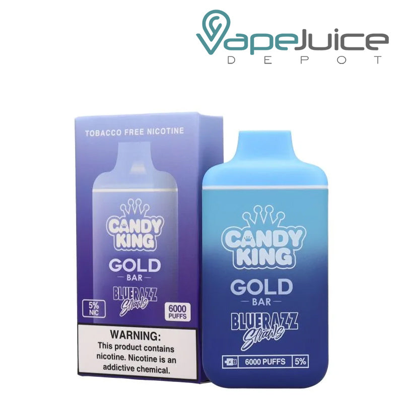 A box of Blue Razz Straws Candy King Gold Bar Disposable  with a warning sign and a disposable next to it - Vape Juice Depot