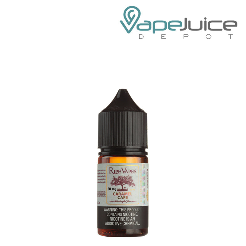 A 30ml bottle of Caramel Cafe Saltz Ripe Vapes with a warning sign - Vape Juice Depot