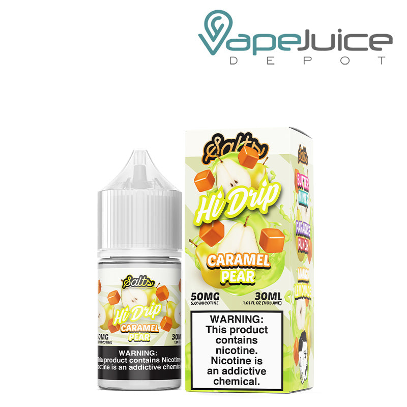 A 30ml Caramel Pear Hi Drip Salts and a box with a warning sign next to it - Vape Juice Depot