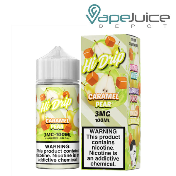 A 100ml bottle of Caramel Pear Hi Drip eLiquid and a box with a warning sign next to it - Vape Juice Depot