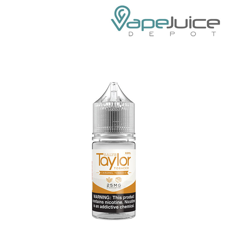 A 30ml bottle of Caramel Tobacco Taylor Salts with a warning sign - Vape Juice Depot