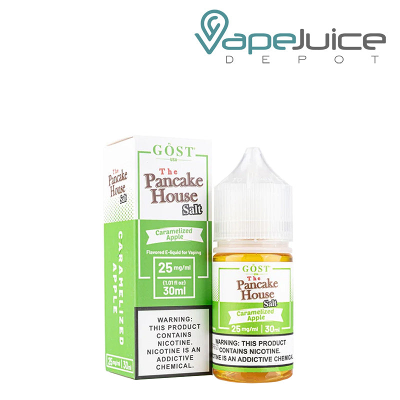 A box of Caramelized Apple Salts The Pancake House with a warning sign and a 30ml bottle next to it - Vape Juice Depot