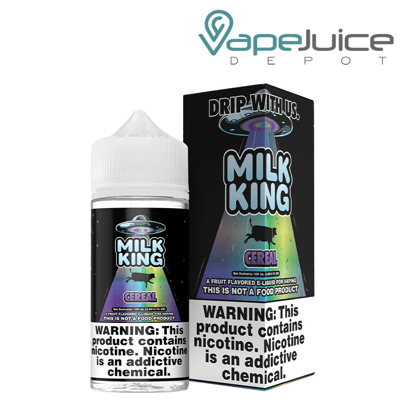 A 100ml bottle of Cereal Milk King eLiquid and a box with a warning sign next to it - Vape Juice Depot