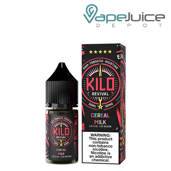 A 30ml bottle of Cereal Milk Kilo Revival TFN Salt and a box with a warning sign next to it - Vape Juice Depot