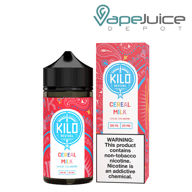 A 100ml bottle of Cereal Milk Kilo Revival TFN eLiquid and a box with a warning sign next to it - Vape Juice Depot