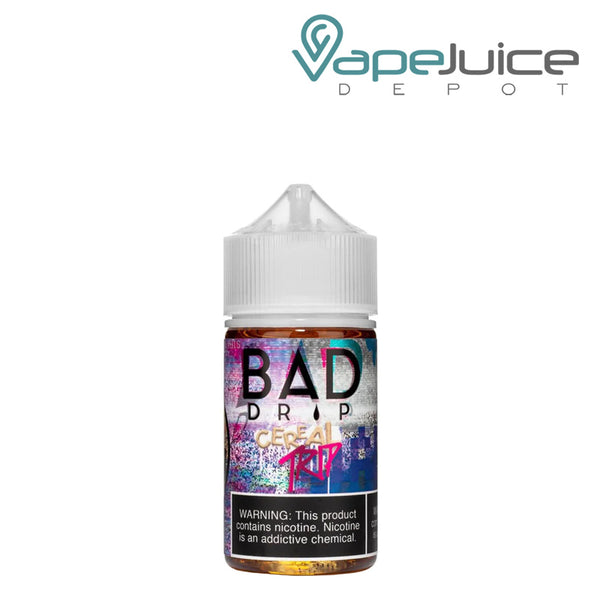 A 60ml bottle of Cereal Trip Bad Drip eLiquid with a warning sign - Vape Juice Depot