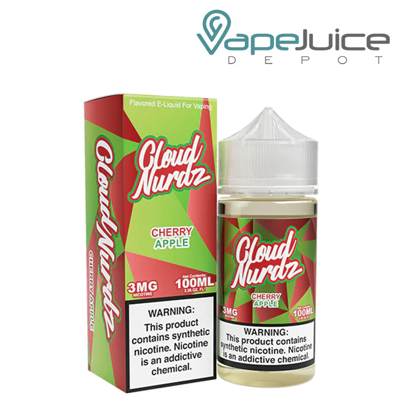 A box of Cherry Apple TFN Cloud Nurdz with a warning sign and a 100ml bottle next to it - Vape Juice Depot