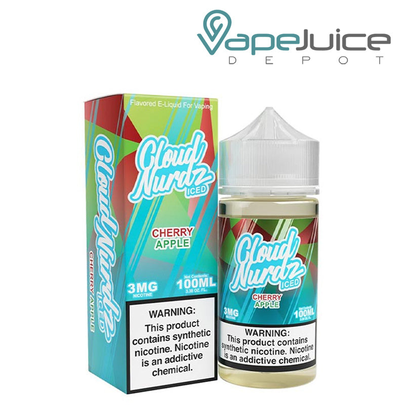 A box of Cherry Apple Iced TFN Cloud Nurdz with a warning sign and a 100ml bottle next to it - Vape Juice Depot