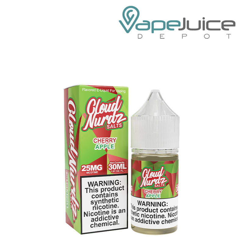 A box of Cherry Apple TFN Salts Cloud Nurdz with a warning sign and a 30ml bottle next to it - Vape Juice Depot