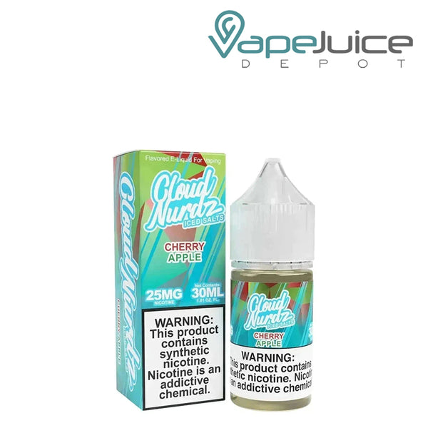 A box of Cherry Apple Iced TFN Salts Cloud Nurdz with a warning sign and a 30ml bottle next to it - Vape Juice Depot
