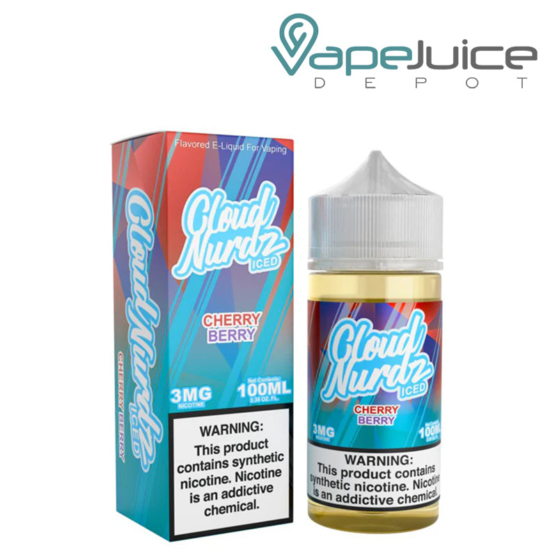 A Box of Cherry Berry Ice TFN Cloud Nurdz with a warning sign and a 100ml bottle next to it - Vape Juice Depot