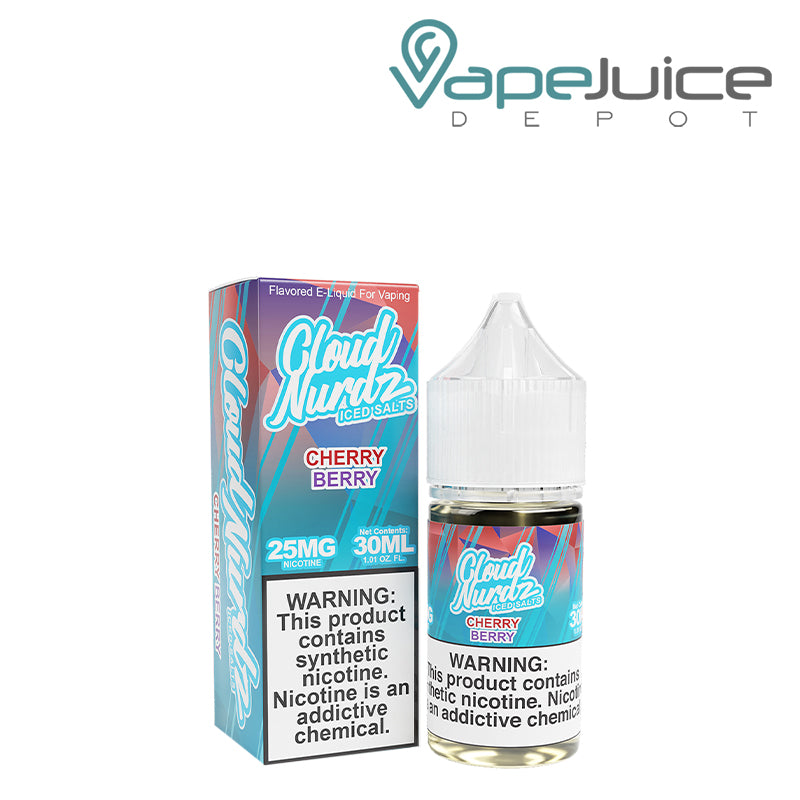 A Box of Cherry Berry Ice TFN Salts Cloud Nurdz with a warning sign and a 30ml bottle next to it - Vape Juice Depot