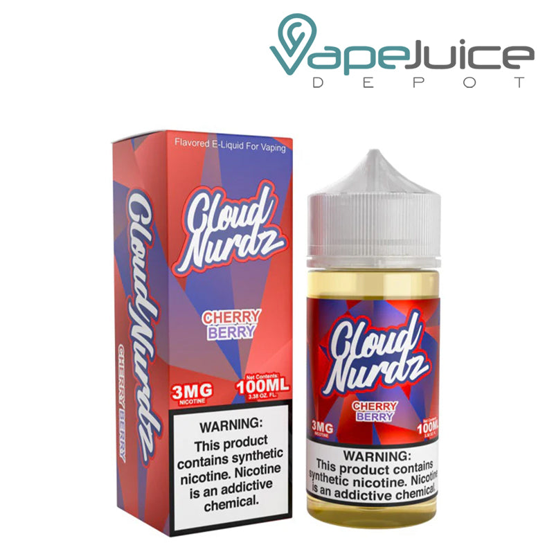 A Box of Cherry Berry TFN Cloud Nurdz with a warning sign and a 100ml bottle next to it - Vape Juice Depot