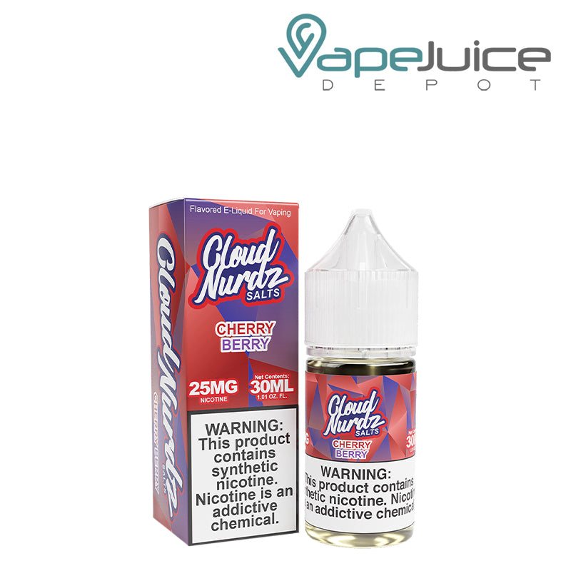 A Box of Cherry Berry TFN Salts Cloud Nurdz with a warning sign and a 30ml bottle next to it - Vape Juice Depot