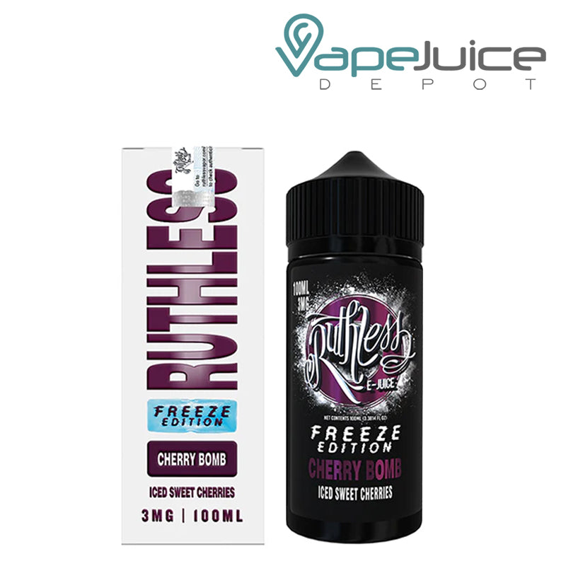 A box of Cherry Bomb Ruthless Freeze Edition and 100ml bottle next to it - Vape Juice Depot