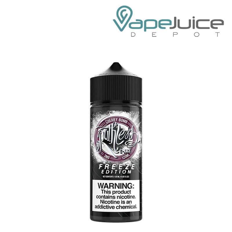 A 120ml bottle of Cherry Bomb Ruthless Freeze Edition with a warning sign - Vape Juice Depot