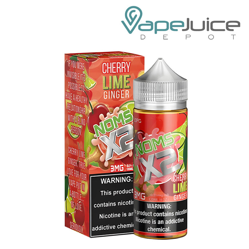 A Box of Cherry Lime Ginger NOMS X2 with a warning sign and a 120ml bottle next to it - Vape Juice Depot