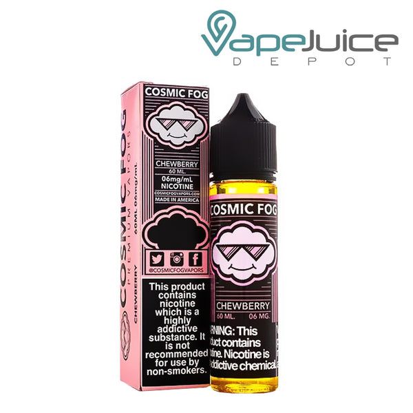 A box of Chewberry Cosmic Fog eLiquid with a warning sign and a 60ml bottle next to it - Vape Juice Depot