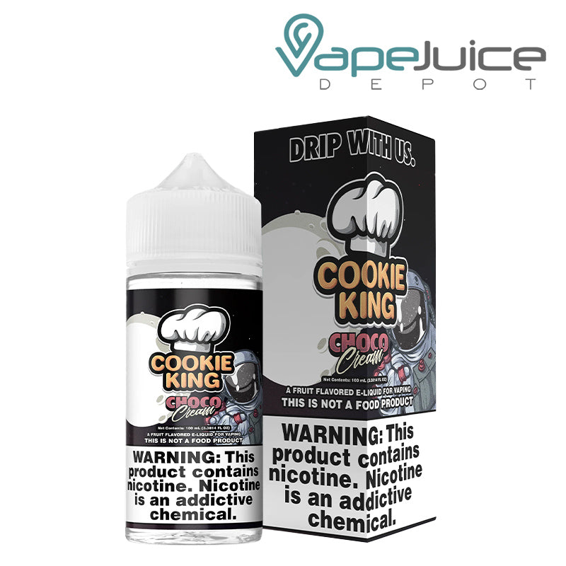A 100ml bottle of Choco Cream Cookie King eLiquid and a box with a warning sign next to it - Vape Juice Depot- Vape Juice Depot