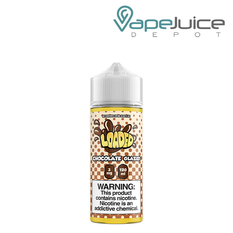 A 120ml bottle of Chocolate Glazed LOADED eLiquid with a warning sign - Vape Juice Depot
