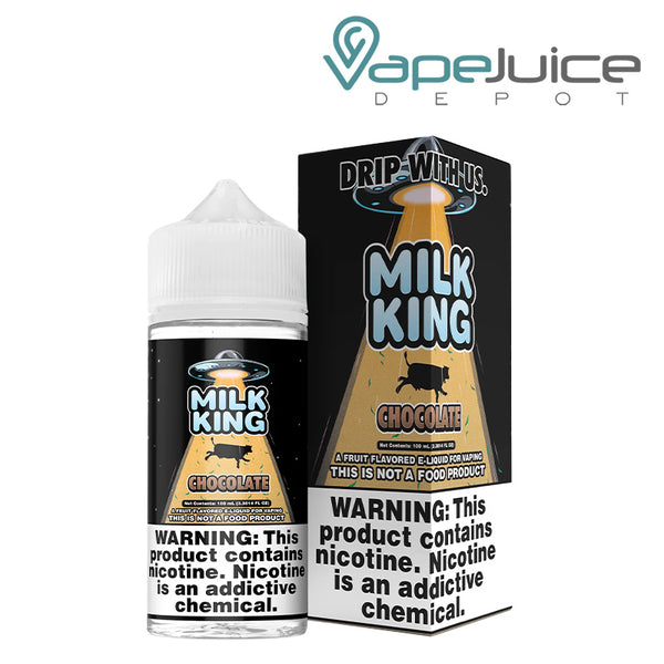 A 100ml bottle of Chocolate Milk King eLiquid and a box with a warning sign next to it - Vape Juice Depot