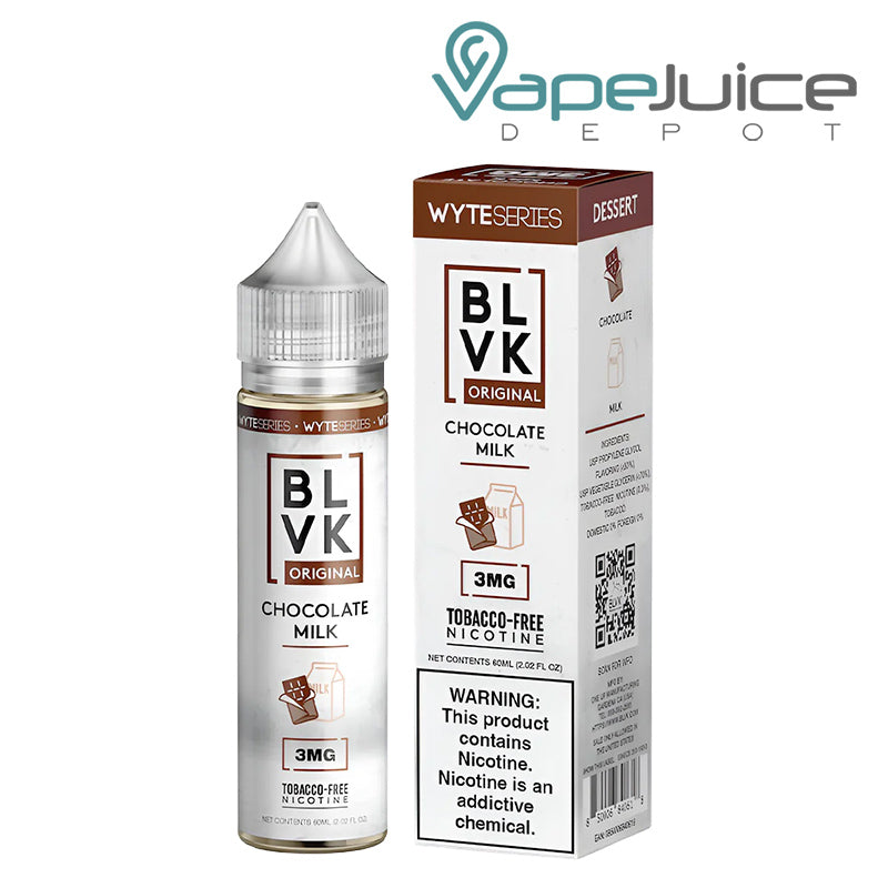 A 60ml bottle of Chocolate Milk BLVK Unicorn and a box with a warning sign next to it - Vape Juice Depot