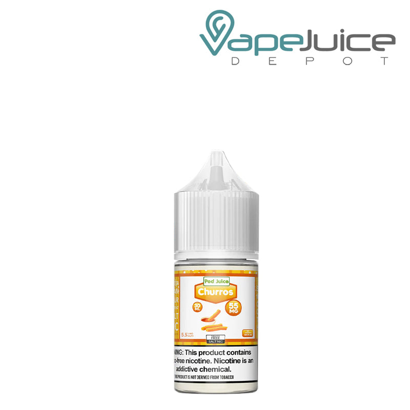 A 30ml bottle of Churros Pod Juice TFN Salt with a warning sign - Vape Juice Depot