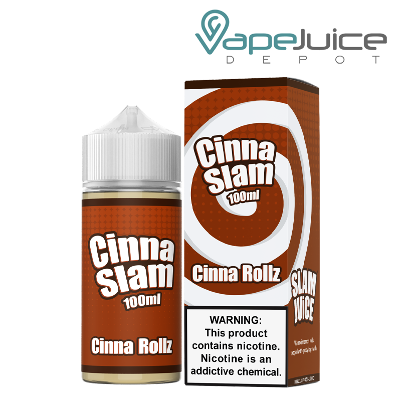 A bottle of Cinna Rollz Cinna Slam Juice 100ml and a box with a warning sign next to it - Vape Juice Depot