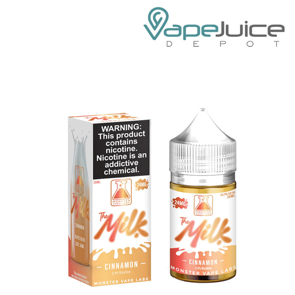 A box of Cinnamon The Milk TFN Salt eLiquid with a warning sign and a 30ml bottle next to it - Vape Juice Depot