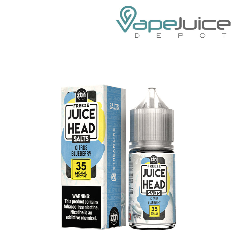 A box of 35mg Citrus Blueberry ZTN Salts Juice Head Freeze with a warning sign and a 30ml bottle next to it - Vape Juice Depot