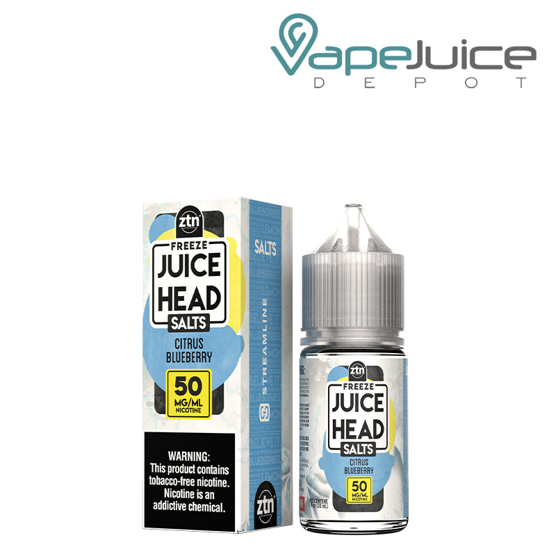 A box of 50mg Citrus Blueberry ZTN Salts Juice Head Freeze with a warning sign and a 30ml bottle next to it - Vape Juice Depot