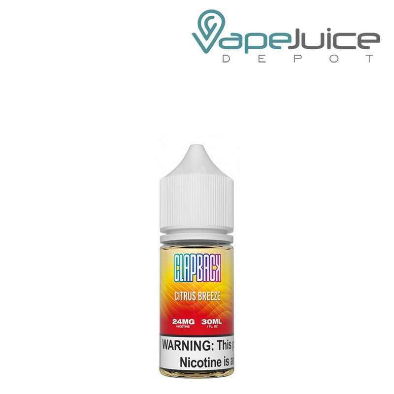 A 30ml bottle of Citrus Breeze SVRF ClapBack TFN Salt eLiquid with a warning sign - Vape Juice Depot