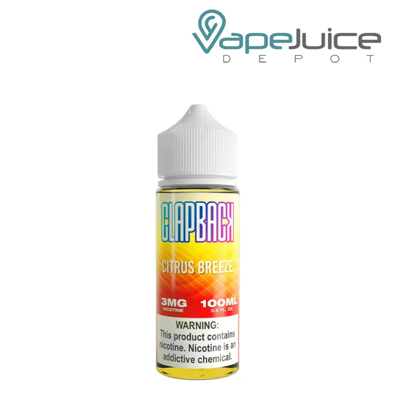 A 100ml bottle of Citrus Breeze SVRF ClapBack TFN eLiquid with a warning sign - Vape Juice Depot