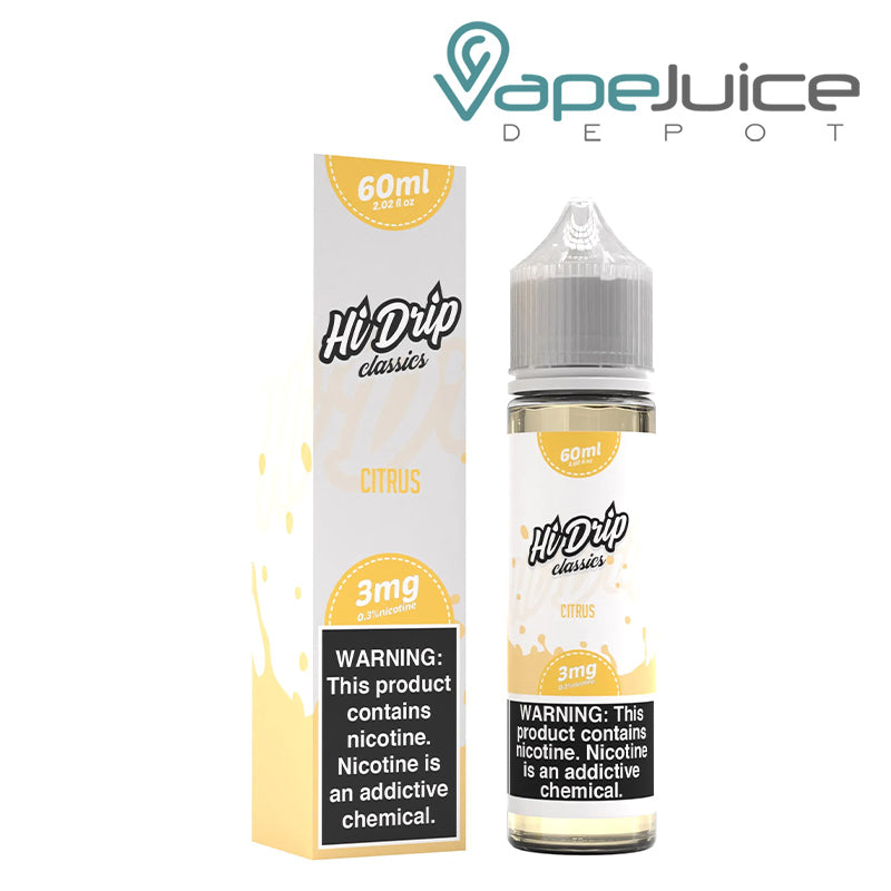 A box of Citrus Hi-Drip Classics with a warning sign and a 60ml bottle next to it - Vape Juice Depot