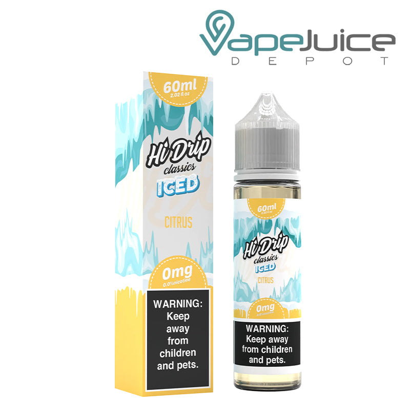 A box of Citrus Iced Hi-Drip Classics with a warning sign and a 60ml bottle next to it - Vape Juice Depot