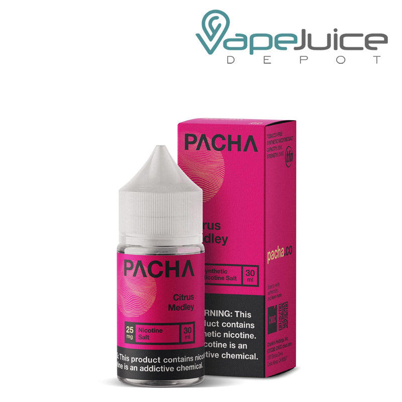 A 30ml bottle of Citrus Medley PachaMama Salts with a warning sign and a box next to it - Vape Juice Depot