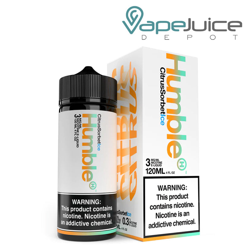 A 120ml bottle of Citrus Sorbet ICE (VTR Ice) TFN Humble eLiquid with a warning sign and a box next to it - Vape Juice Depot