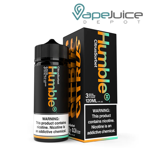 A 120ml bottle of Citrus Sorbet Humble TFN eLiquid with a warning sign and a box next to it - Vape Juice Depot