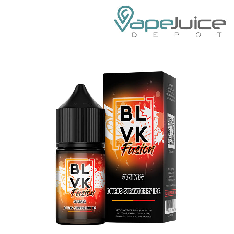 A 30ml bottle of Citrus Strawberry Ice BLVK Fusion Salt and a box net to it - Vape Juice Depot