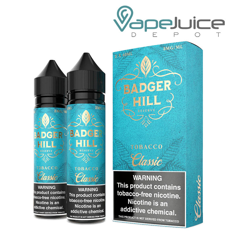 Two 60ml bottles of Classic Badger Hill Reserve with a warning sign and a box next to it - Vape Juice Depot