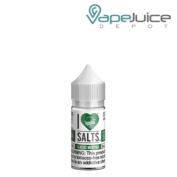 A 30ml bottle of Classic Menthol I Love Salts by Mad Hatter with a warning sign - Vape Juice Depot