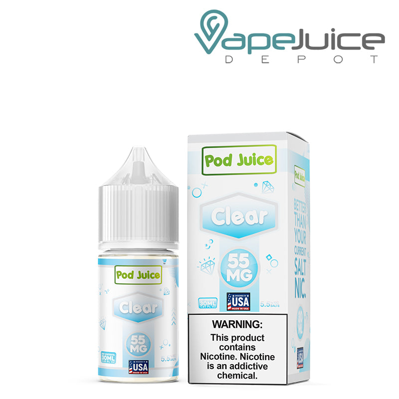 A 30ml bottle of Clear Pod Juice TFN Salt and a box with a warning sign next to it - Vape Juice Depot