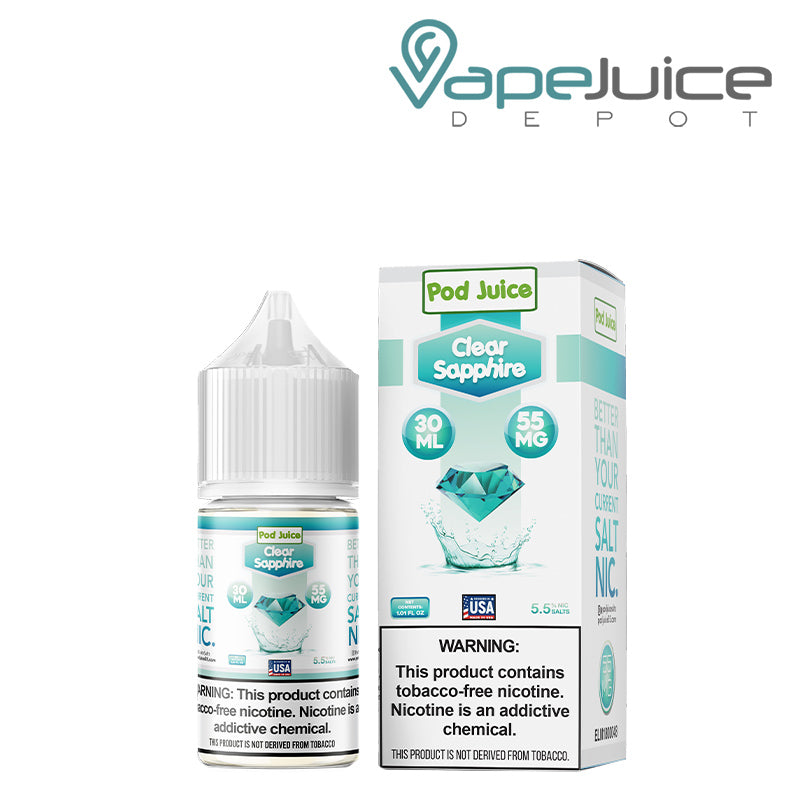 A box of Clear Sapphire Pod Juice TFN Salt with a warning sign and a 30ml bottle with a warning sign next to it - Vape Juice Depot