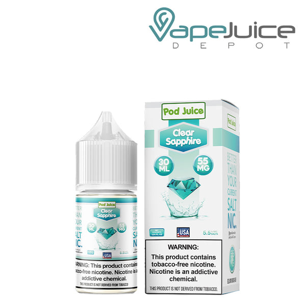 A box of Clear Sapphire Pod Juice TFN Salt with a warning sign and a 30ml bottle with a warning sign next to it - Vape Juice Depot