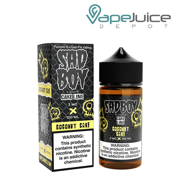 A Box of Coconut Cake SadBoy eLiquid 100ml with a warning sign and a 100ml bottle next to it - Vape Juice Depot