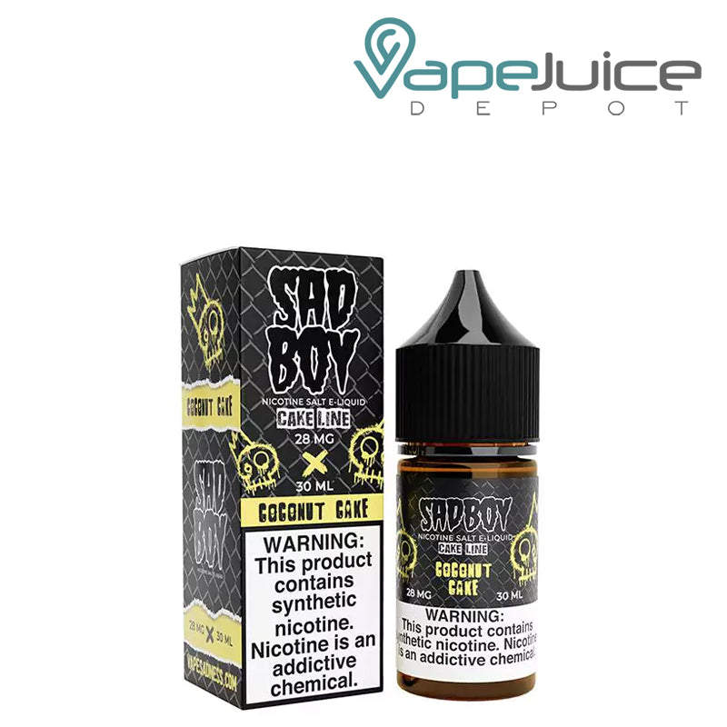 A Box of Coconut Cake Salt SadBoy with a warning sign eLiquid next to its 30ml bottle - Vape Juice Depot