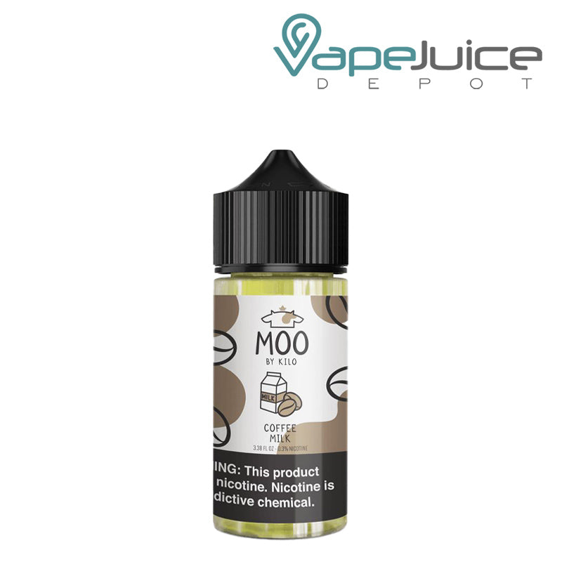 A 100ml bottle of Coffee Milk Moo eLiquids with a warning sign - Vape Juice Depot