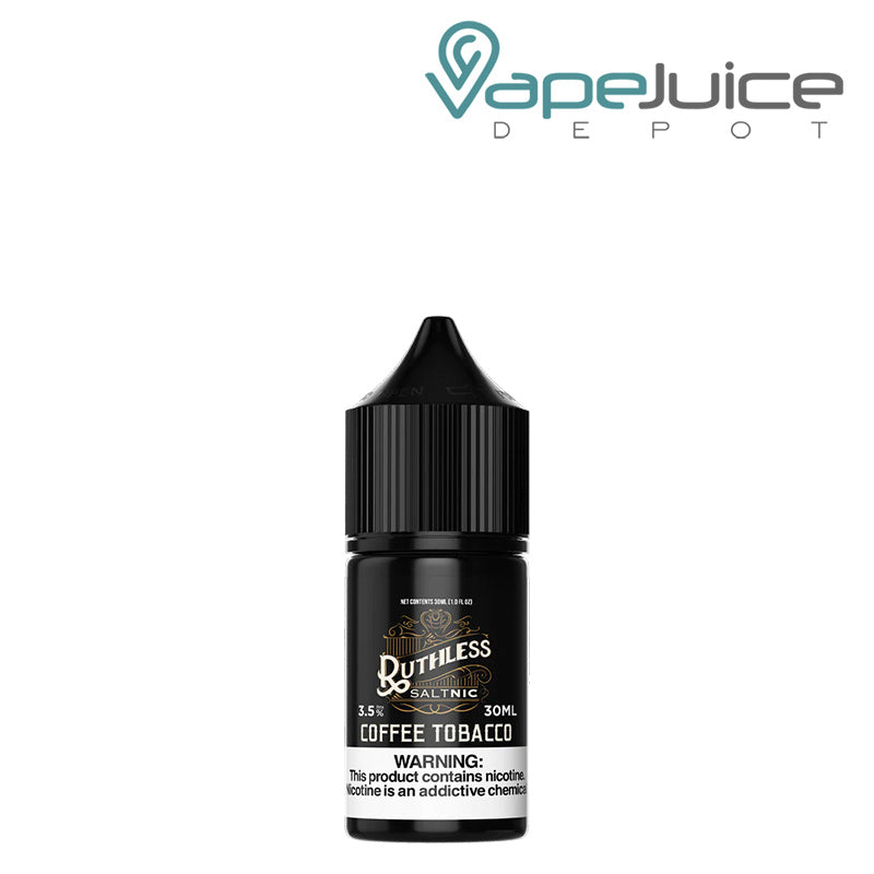 A 30ml bottle of Coffee Tobacco Ruthless Salt with a warning sign - Vape Juice Depot
